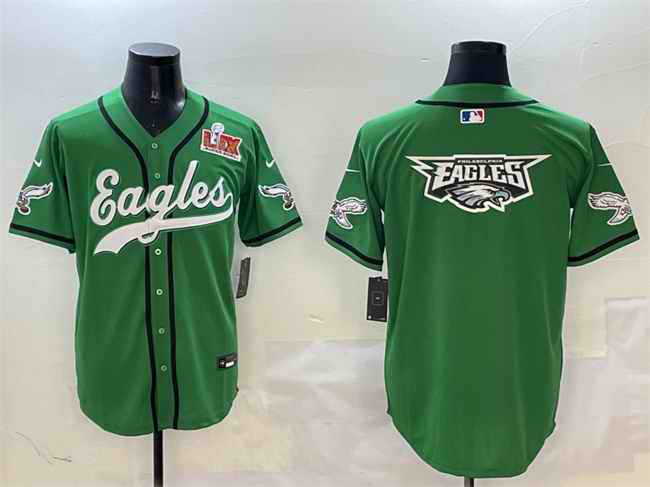 Men's Philadelphia Eagles Team Big Logo Green 2025 Super Bowl LIX Patch Stitched Baseball Jersey